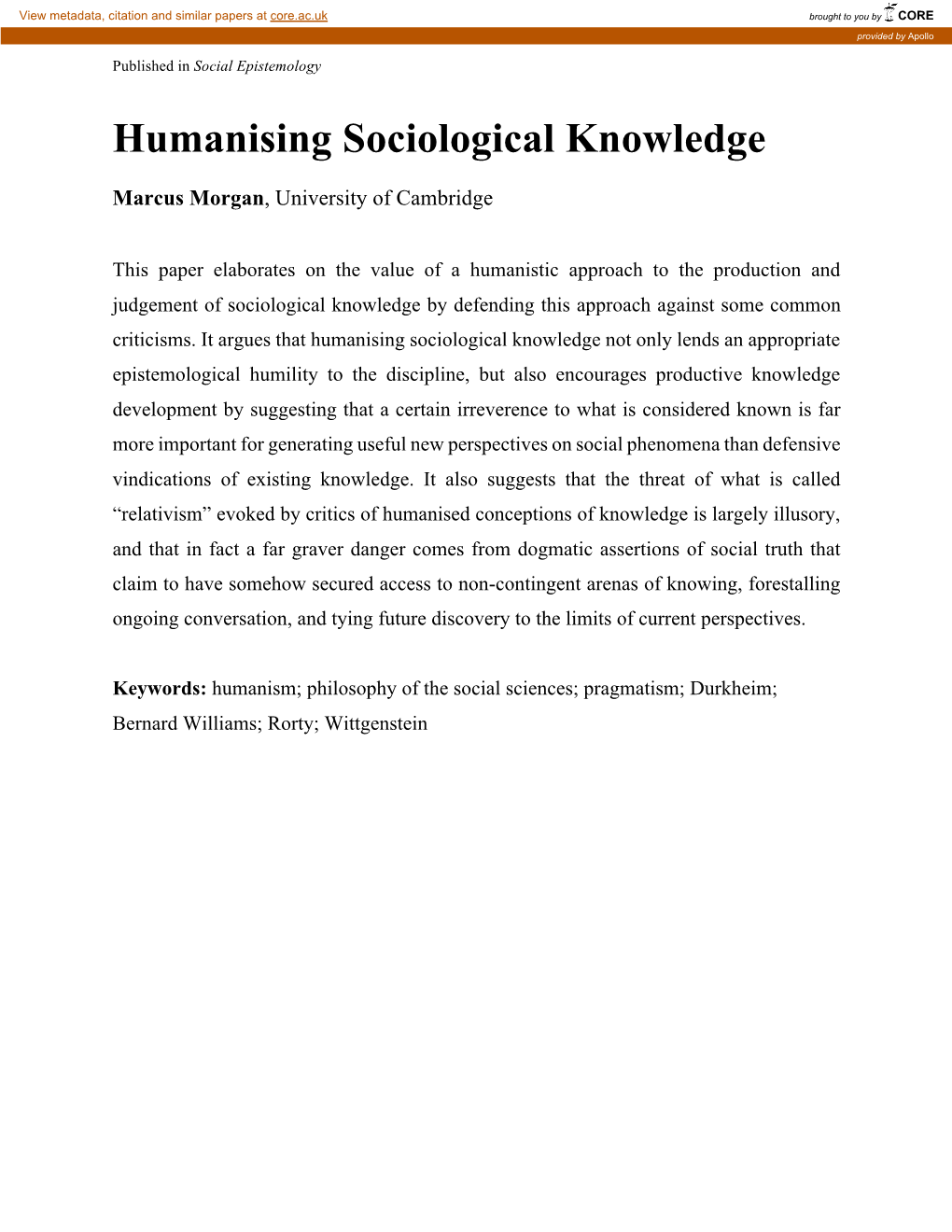 Humanising Sociological Knowledge