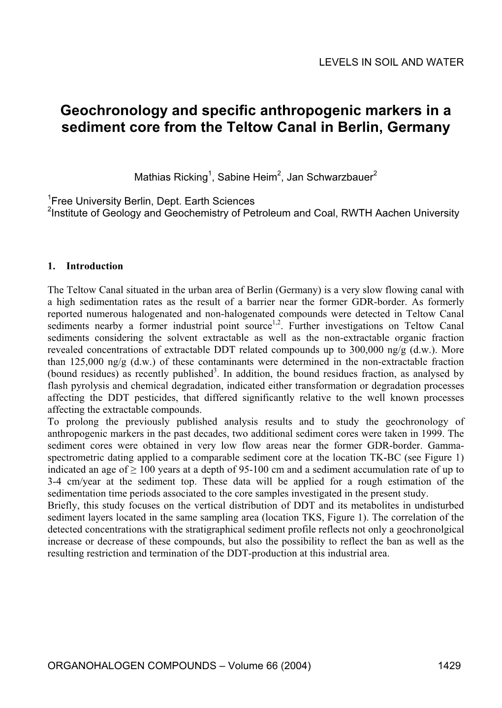 Geochronology and Specific Anthropogenic Markers in a Sediment Core from the Teltow Canal in Berlin, Germany
