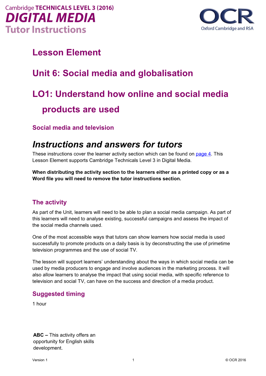 Cambridge Technicals Level 3 Digital Media U06 Lesson Element 1