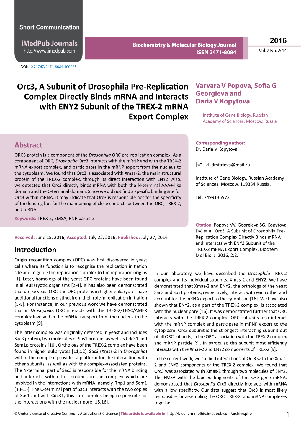 Orc3, a Subunit of Drosophila Pre-Replication Complex Directly Binds Mrna and Interacts with ENY2 Subunit of the TREX-2 Mrna