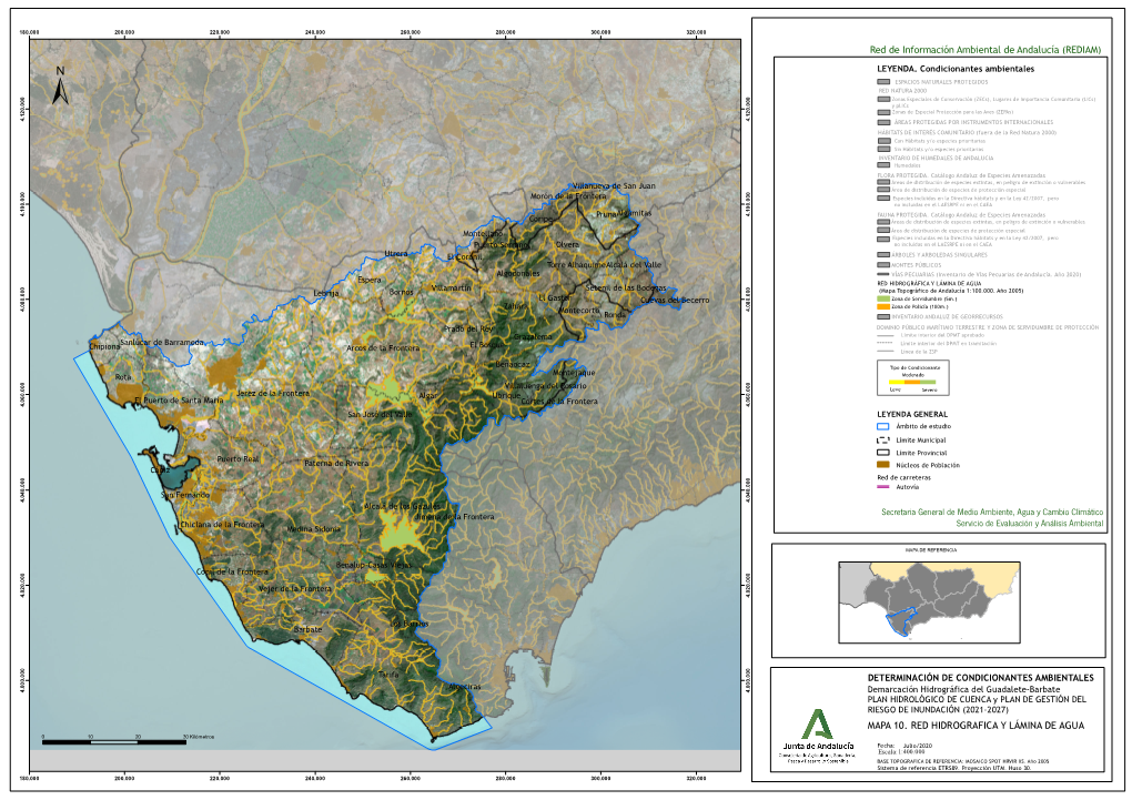 MAPA 10. RED HIDROGRAFICA Y LÁMINA DE AGUA 0 10 20 30 Kilómetros Fecha: Julio/2020 Escala: 1:400.000 BASE TOPOGRAFICA DE REFERENCIA: MOSAICO SPOT HRVIR XS