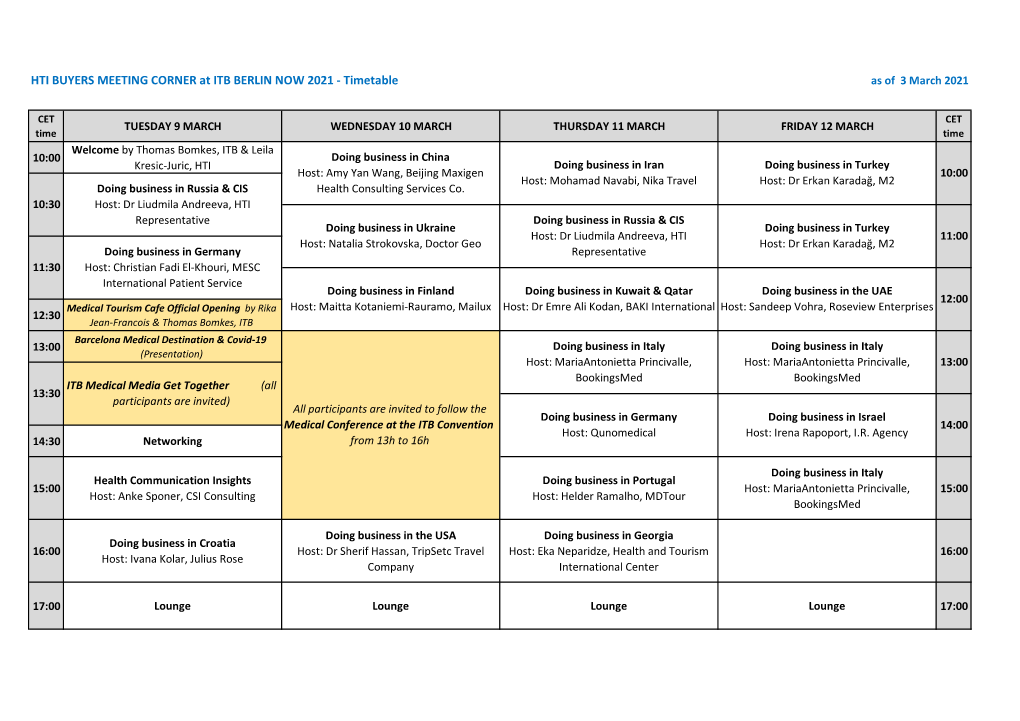 HTI BUYERS MEETING CORNER at ITB BERLIN NOW 2021 - Timetable As of 3 March 2021