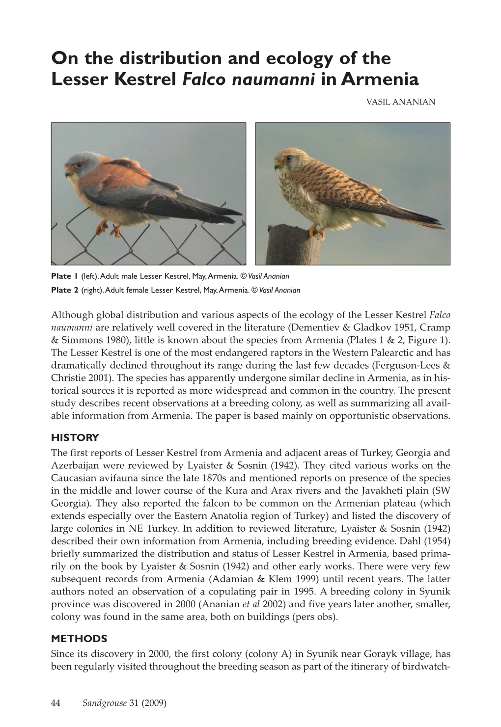On the Distribution and Ecology of the Lesser Kestrel Falco Naumanni in Armenia