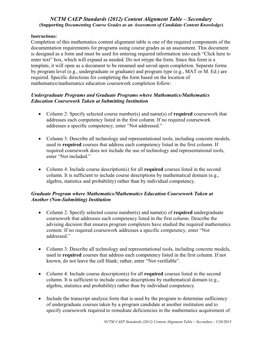 NCTM CAEP Standards (2012) Content Alignment Table Secondary