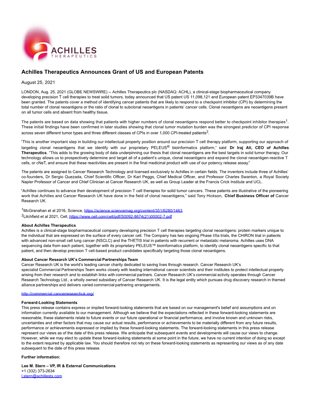 Achilles Therapeutics Announces Grant of US and European Patents
