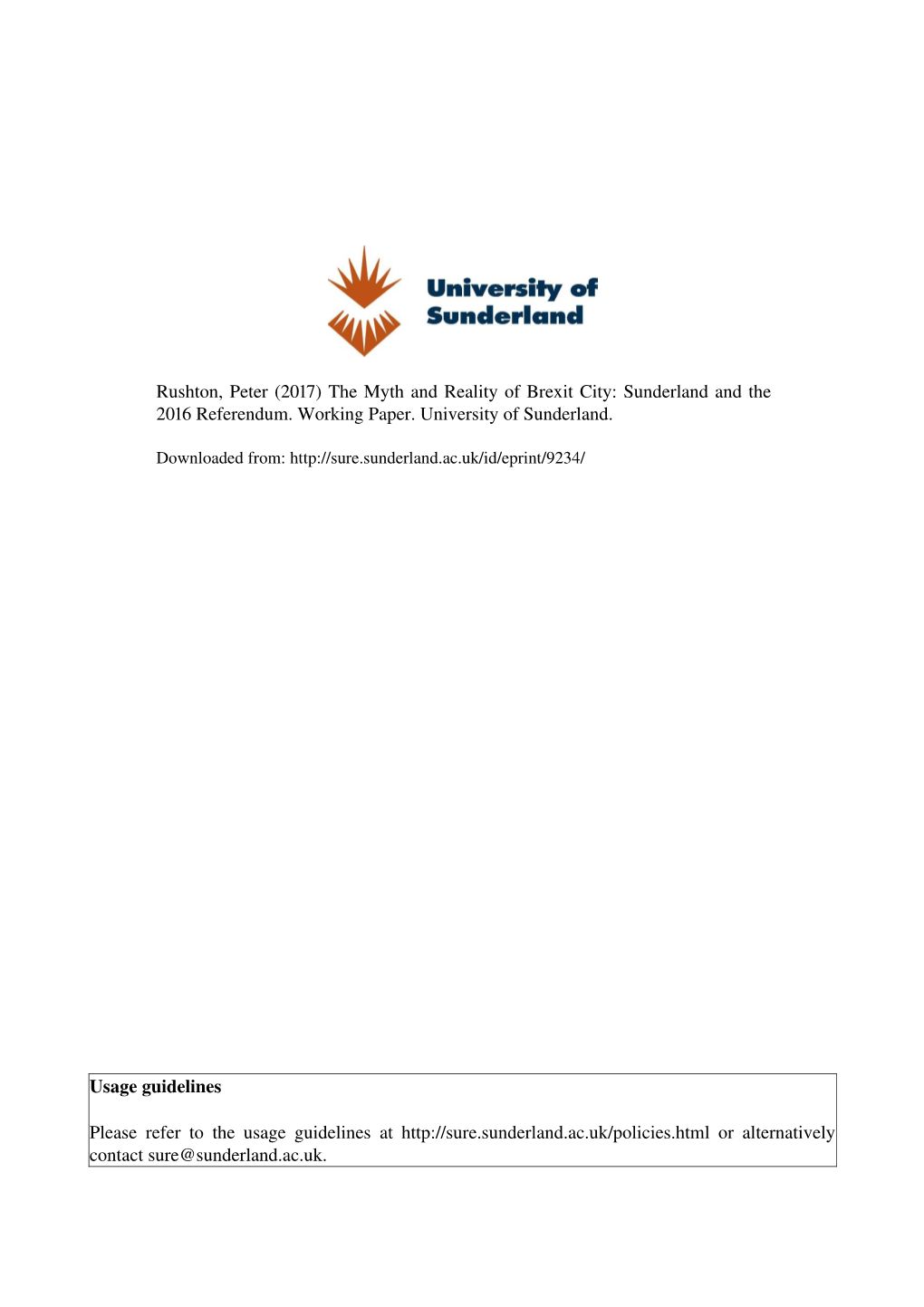 The Myth and Reality of Brexit City: Sunderland and the 2016 Referendum