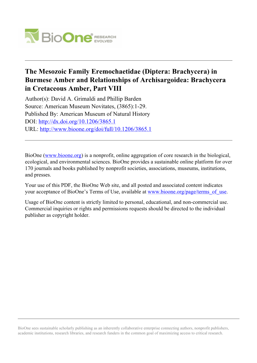 The Mesozoic Family Eremochaetidae (Diptera: Brachycera)