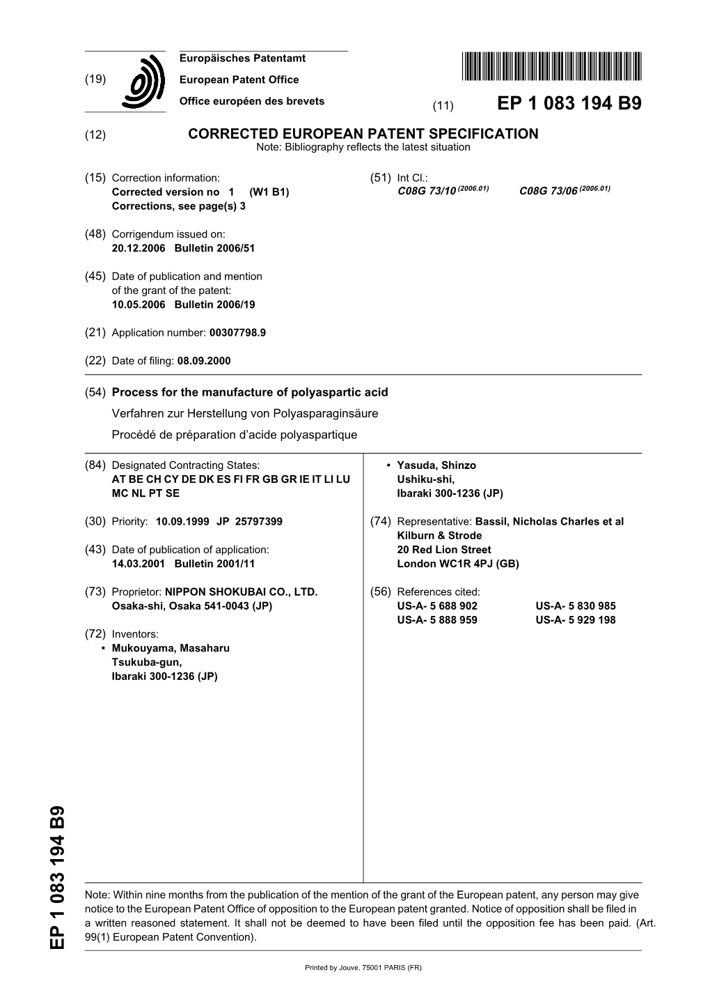 Process for the Manufacture of Polyaspartic Acid Verfahren Zur Herstellung Von Polyasparaginsäure Procédé De Préparation D’Acide Polyaspartique