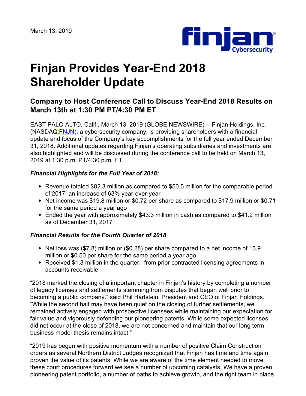 Finjan Provides Year-End 2018 Shareholder Update