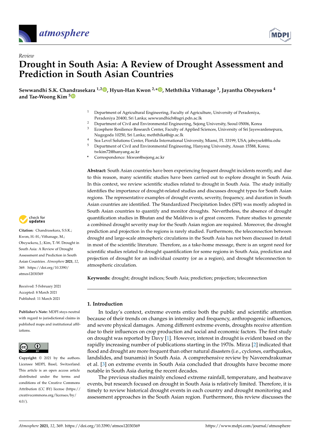 A Review of Drought Assessment and Prediction in South Asian Countries