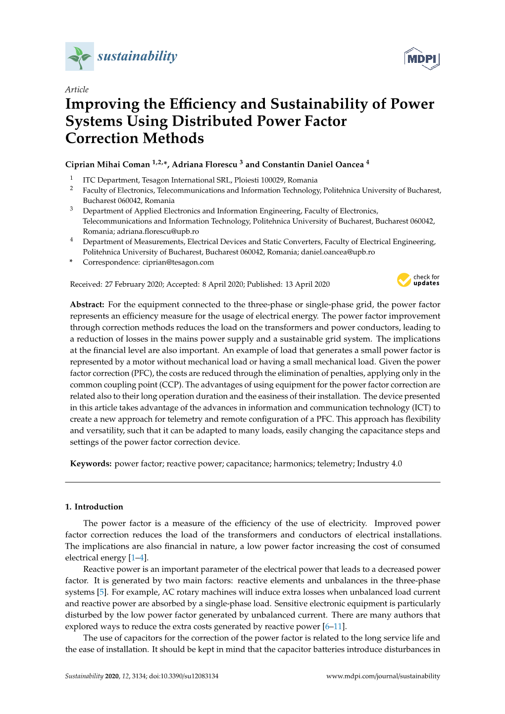 Improving the Efficiency and Sustainability of Power Systems Using Distributed Power Factor Correction Methods