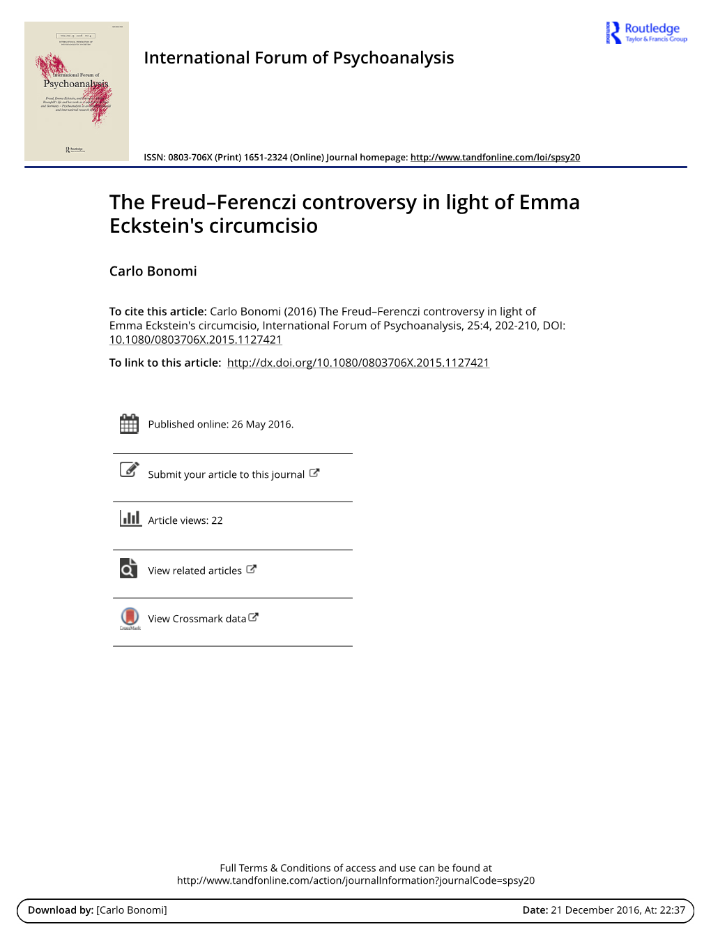 The Freud–Ferenczi Controversy in Light of Emma Eckstein's Circumcision