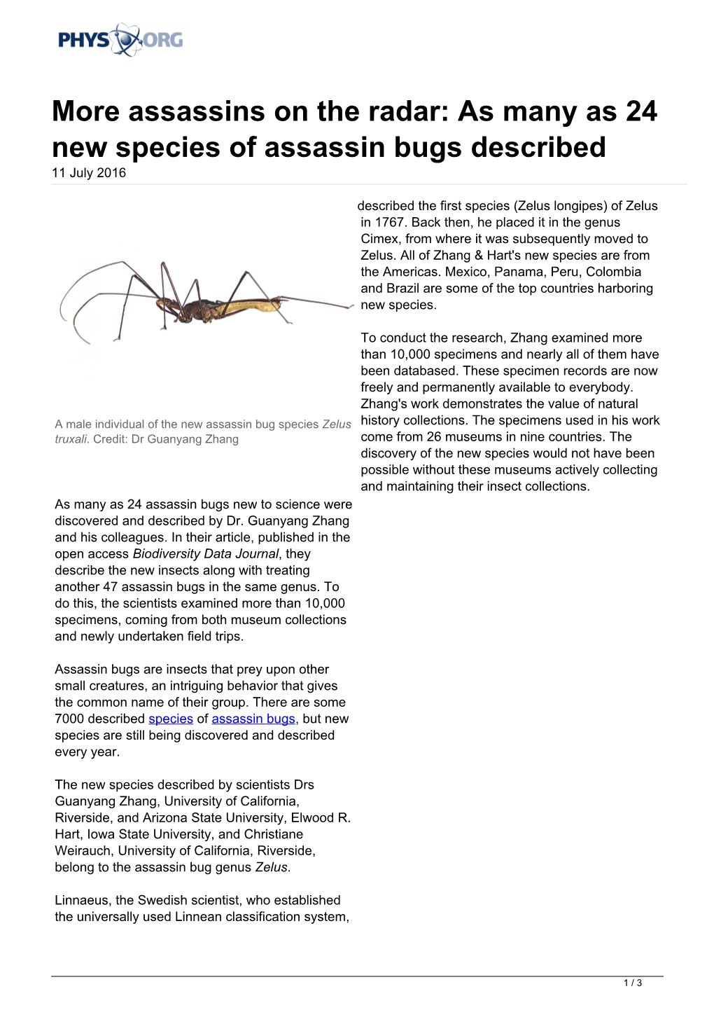 As Many As 24 New Species of Assassin Bugs Described 11 July 2016