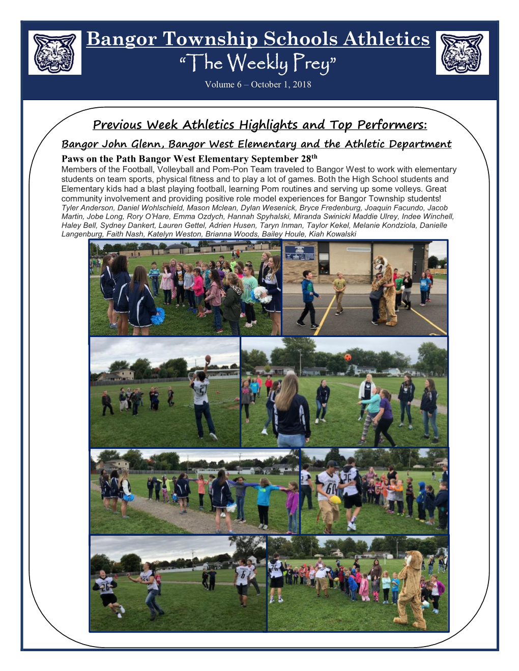 Bangor Township Schools Athletics “The Weekly Prey” Volume 6 – October 1, 2018