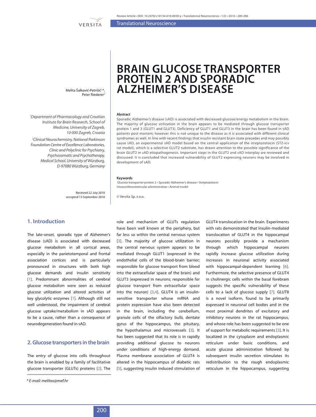 Brain Glucose Transporter Protein 2 and Sporadic Alzheimer's Disease