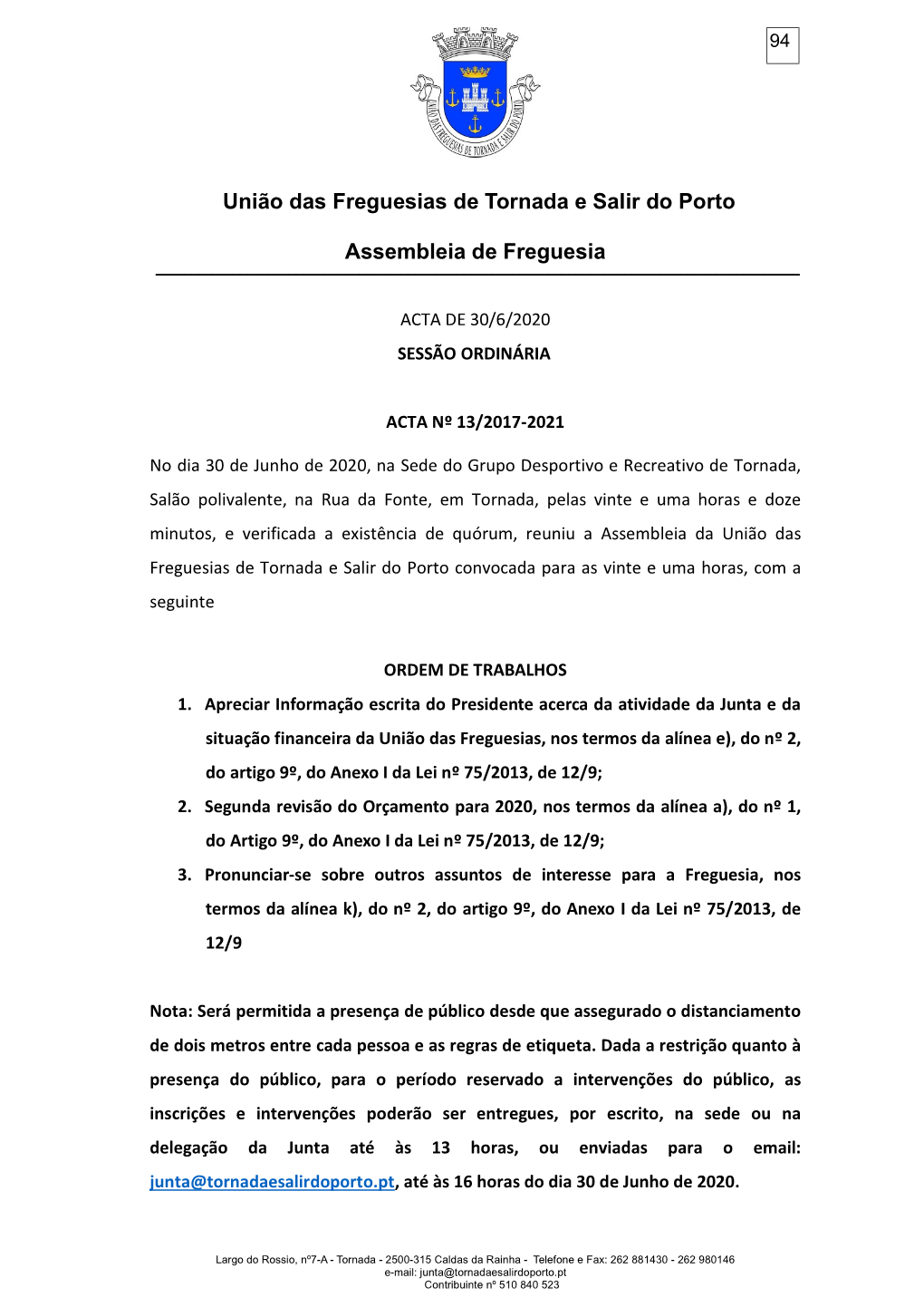 União Das Freguesias De Tornada E Salir Do Porto Assembleia De