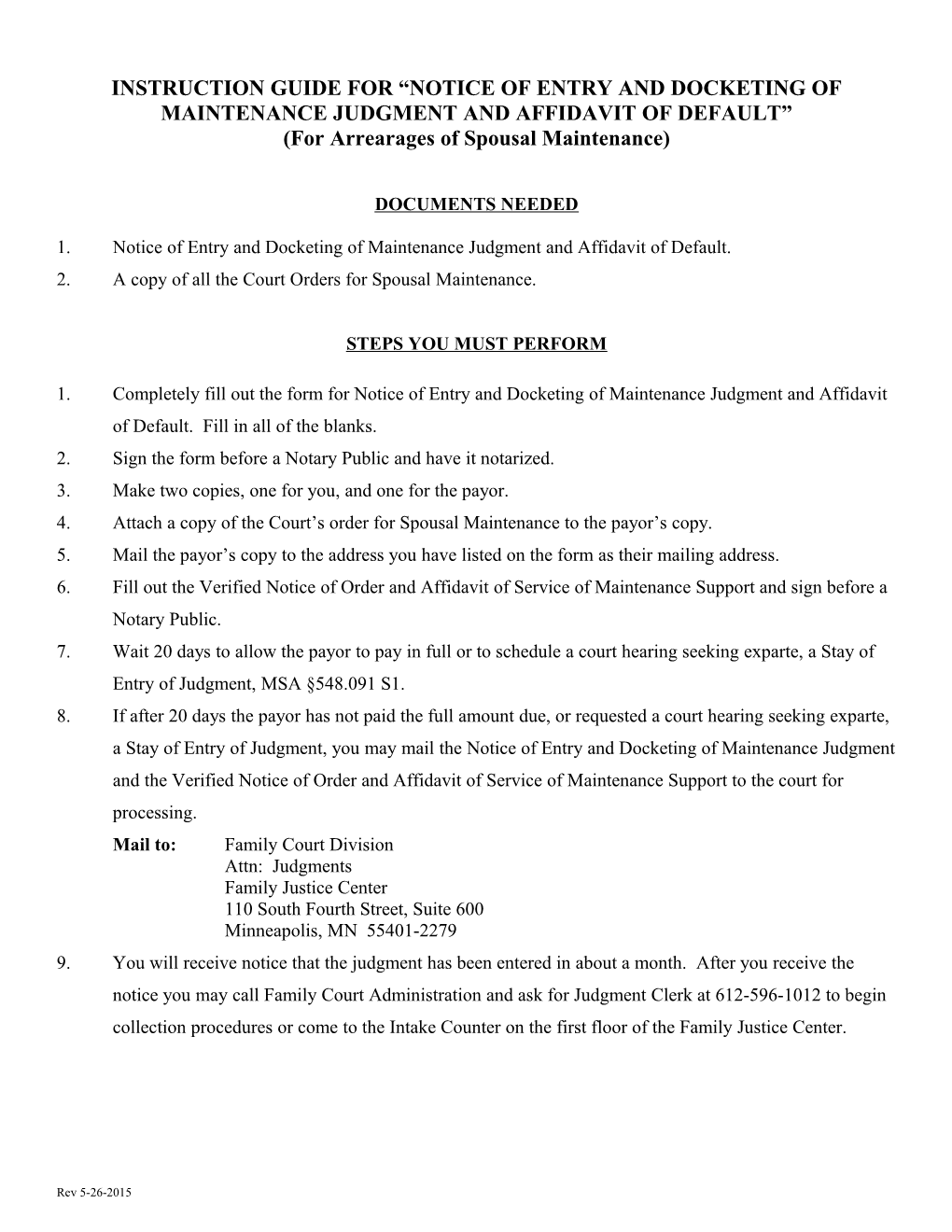 Instruction Guide for Notice of Entry and Docketing of Maintenance Judgment and Affidavit