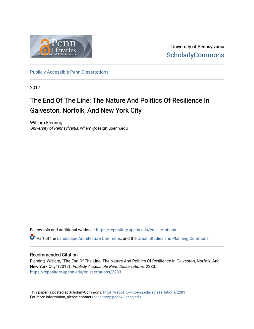 The End of the Line: the Nature and Politics of Resilience in Galveston, Norfolk, and New York City