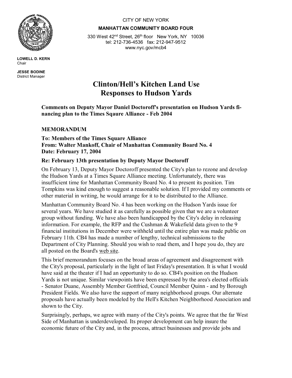 Comments on Deputy Mayor Daniel Doctoroff's Presentation on Hudson Yards Fi- Nancing Plan to the Times Sqaure Alliance - Feb 2004