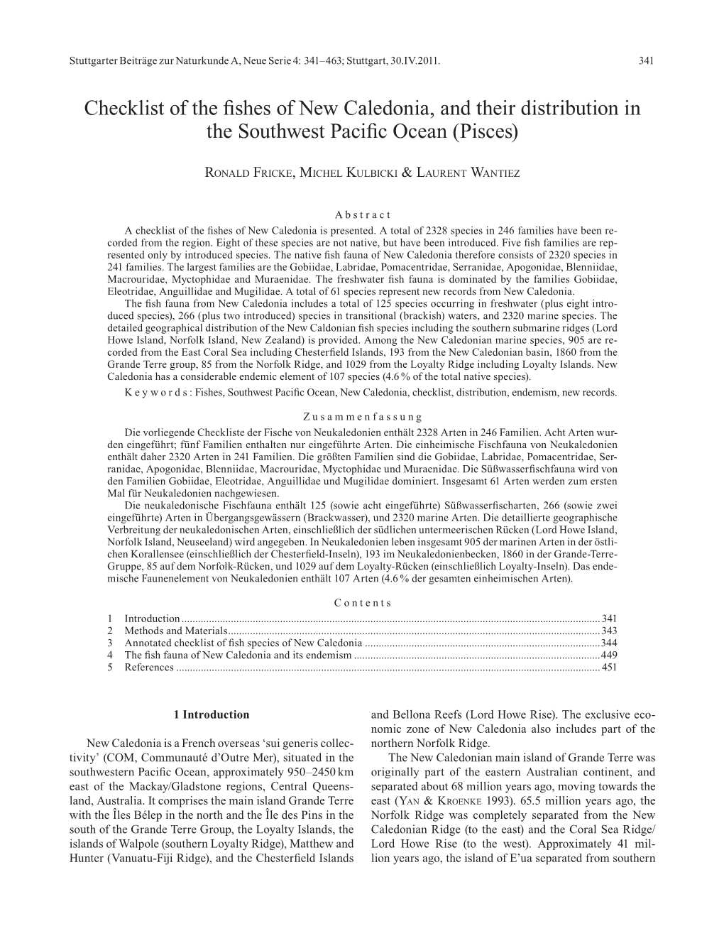 Checklist of the Fishes of New Caledonia, and Their Distribution in the Southwest Pacific Ocean