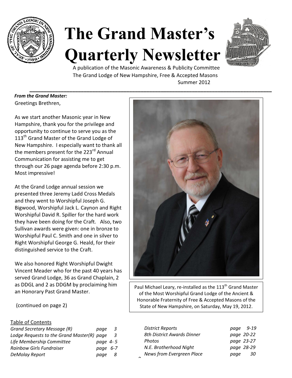 The Grand Master's Quarterly Newsletter
