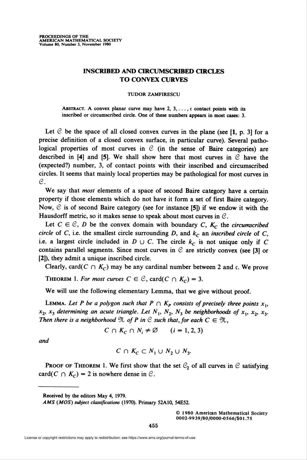 Inscribed and Circumscribed Circles to Convex Curves C