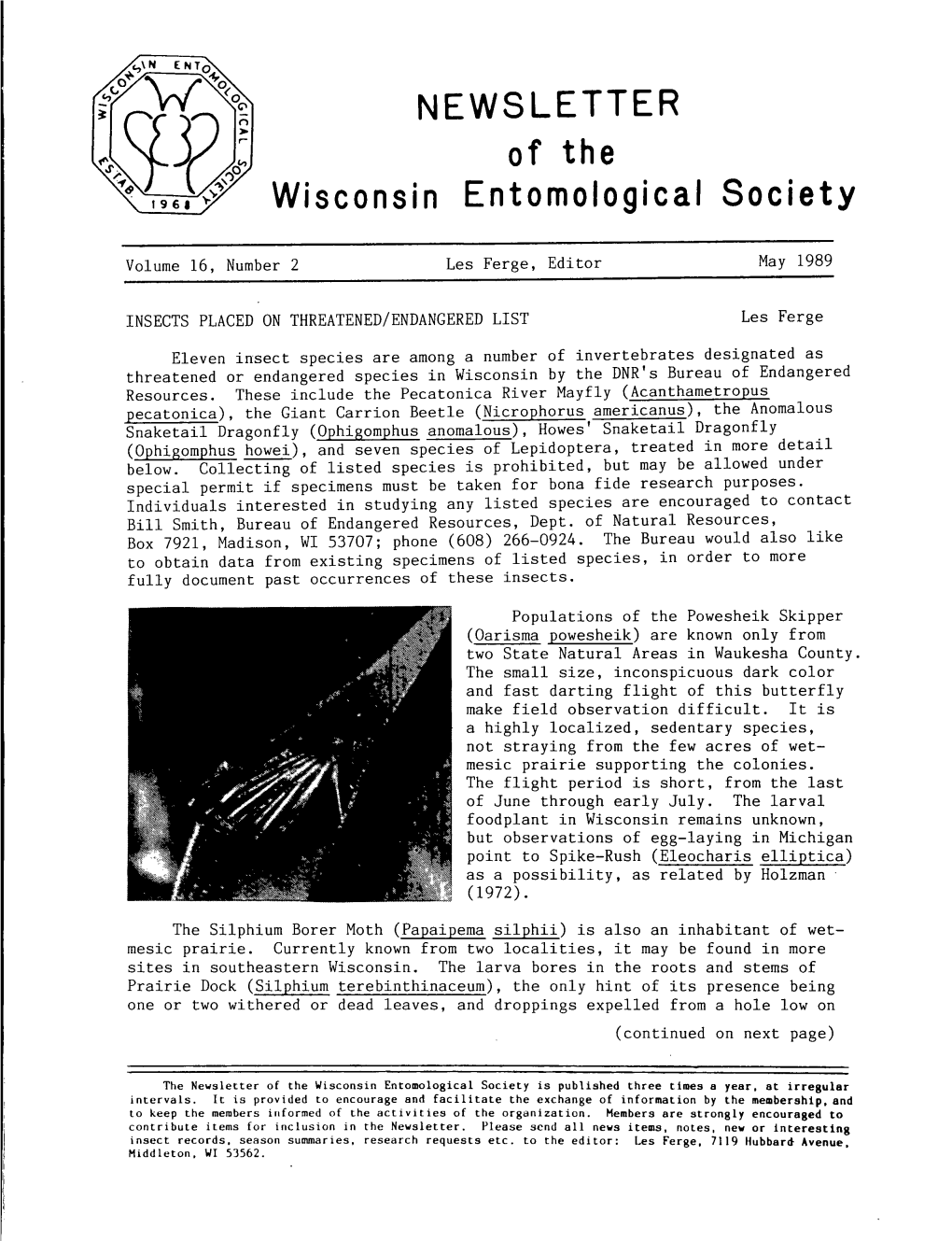 NEWSLETTER ,/ Wisconsin Entomological Society