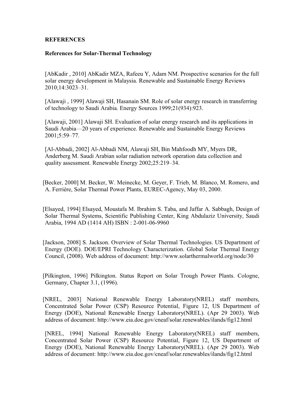 References for Solar-Thermal Technology