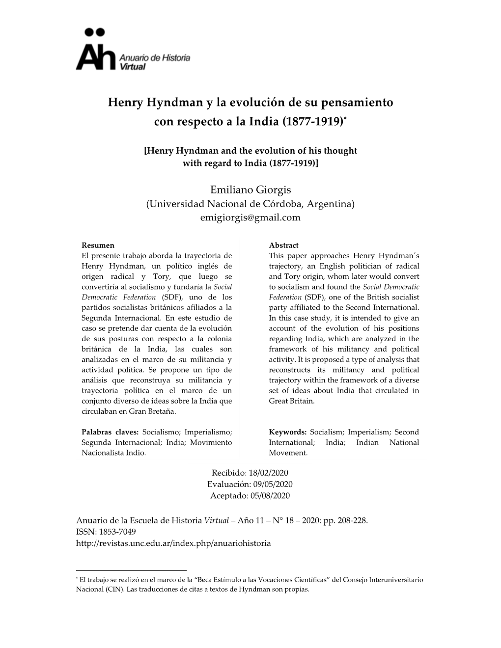 Henry Hyndman Y La Evolución De Su Pensamiento Con Respecto a La India (1877-1919)*