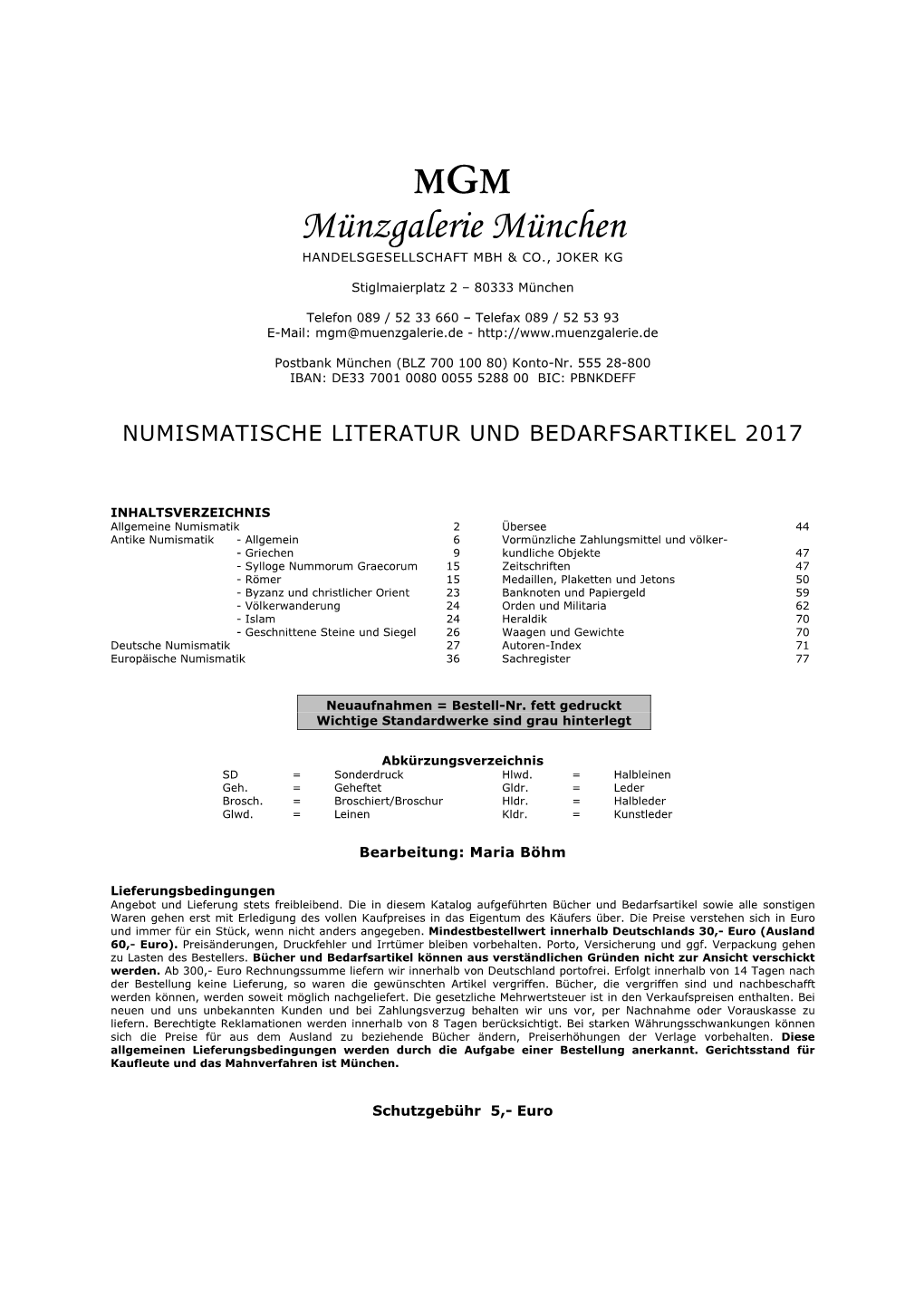 Numismatische Literatur Und Bedarfsartikel 2017
