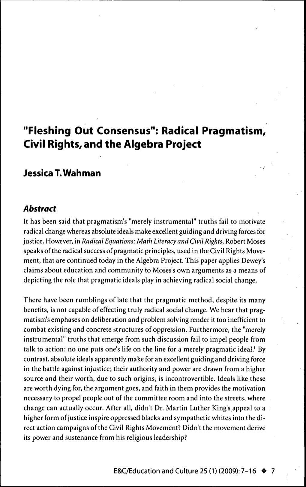 Radical Pragmatism, Civil Rights, and the Algebra Project