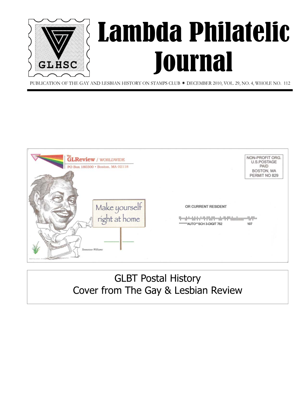 Lambda Philatelic Journal PUBLICATION of the GAY and LESBIAN HISTORY on STAMPS CLUB Ï DECEMBER 2010, VOL