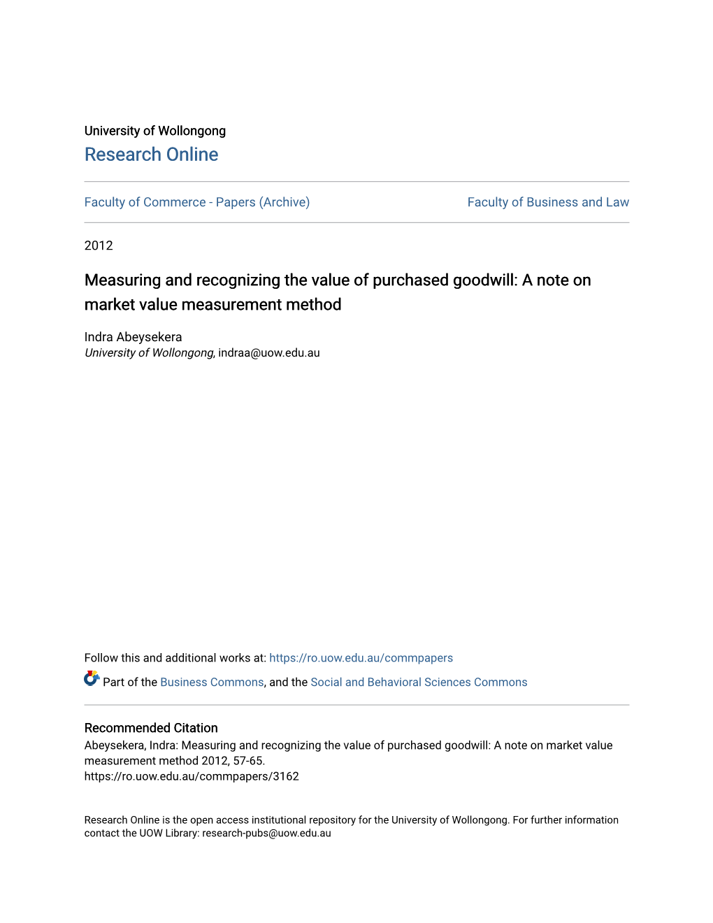 Measuring and Recognizing the Value of Purchased Goodwill: a Note on Market Value Measurement Method