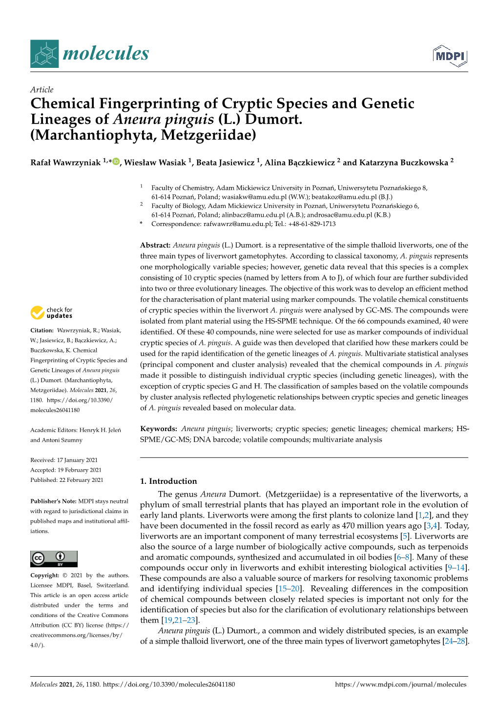 Chemical Fingerprinting of Cryptic Species and Genetic Lineages of Aneura Pinguis (L.) Dumort