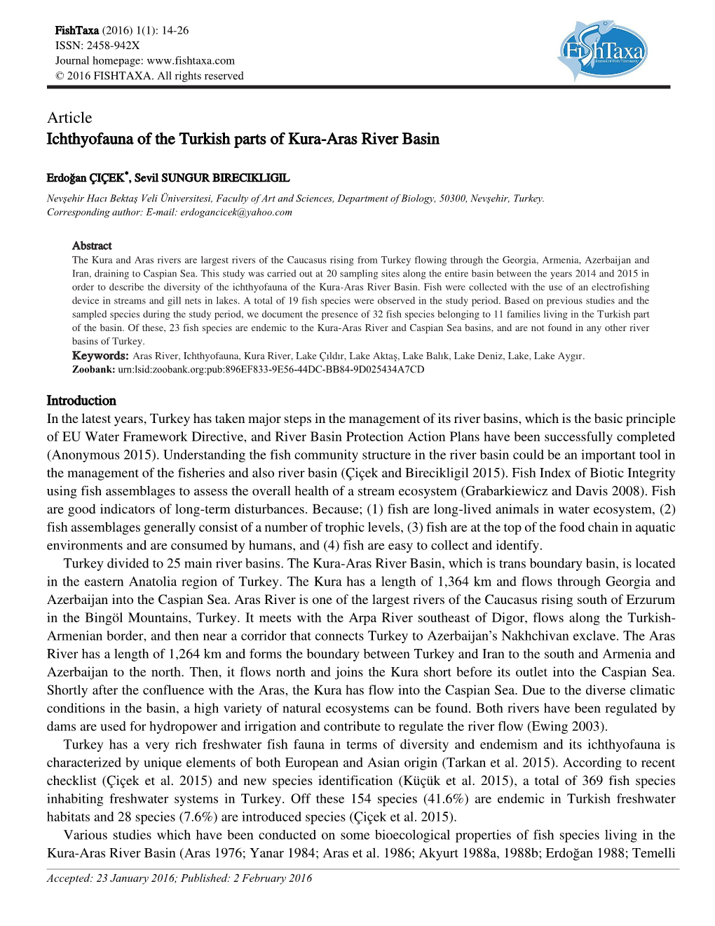 Article Ichthyofauna of the Turkish Parts of Kura-Aras River Basin