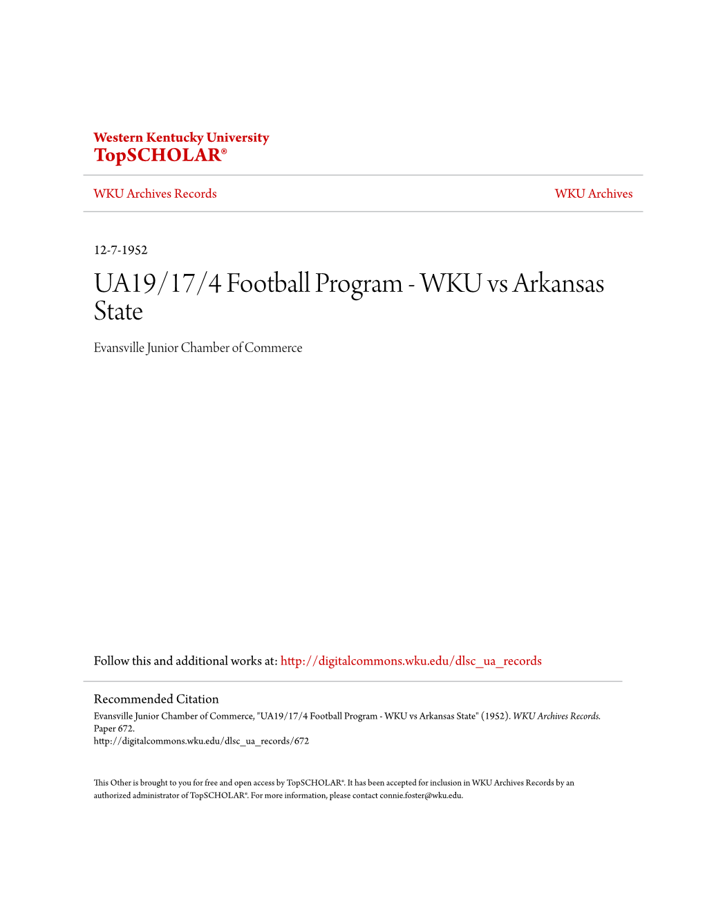 UA19/17/4 Football Program - WKU Vs Arkansas State Evansville Junior Chamber of Commerce