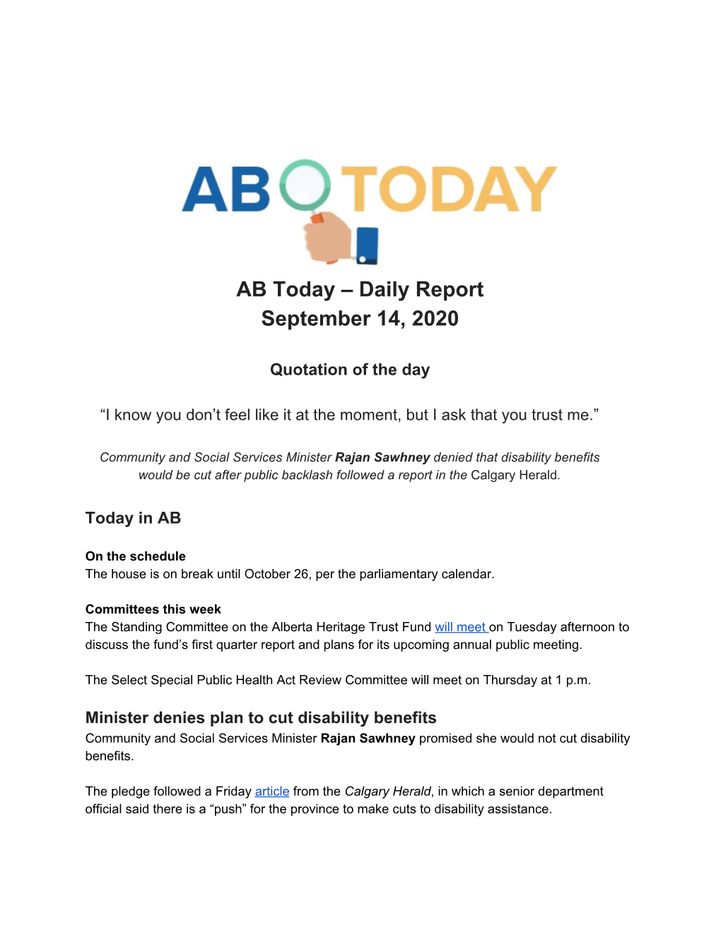 AB Today – Daily Report September 14, 2020