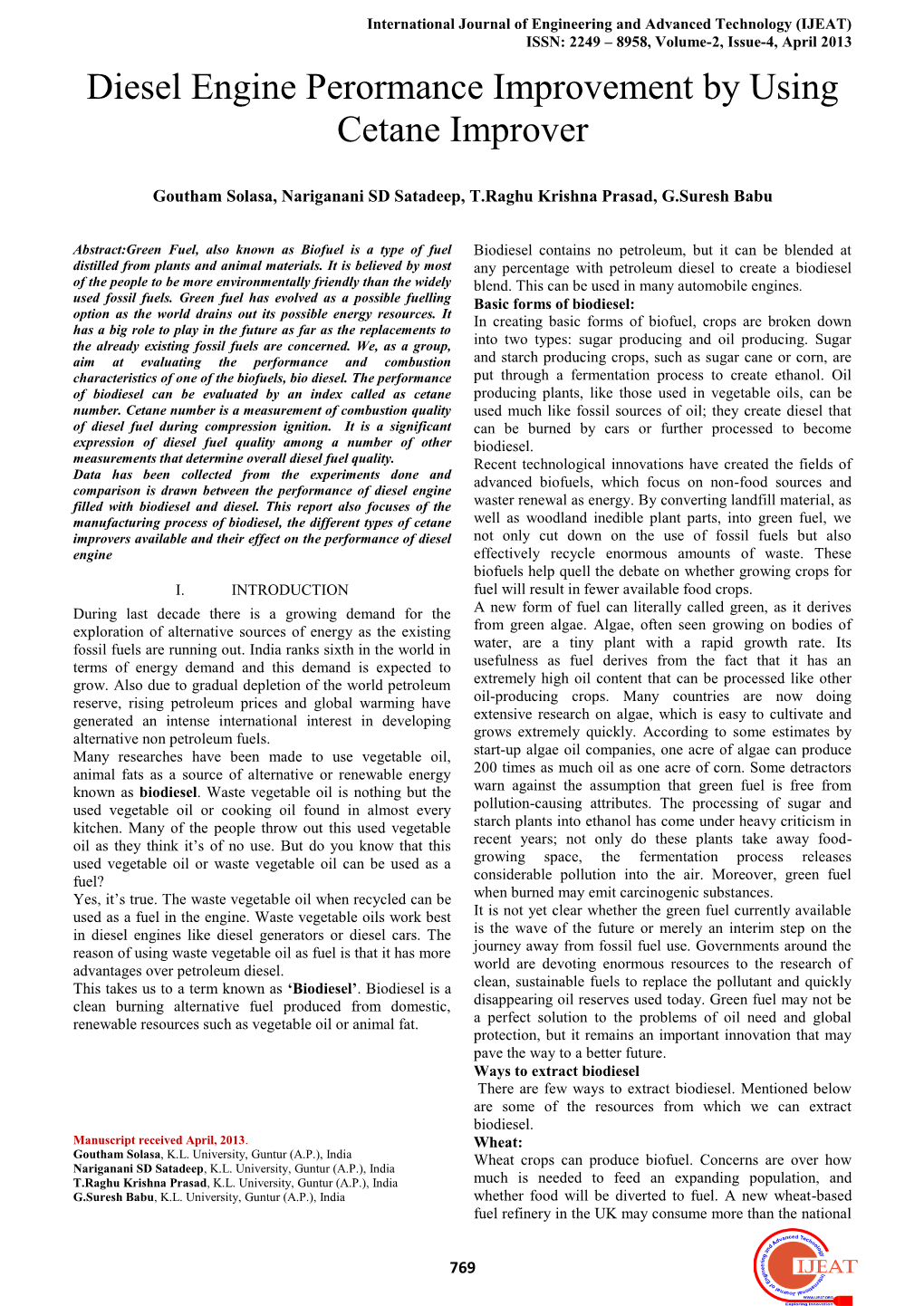 Diesel Engine Perormance Improvement by Using Cetane Improver