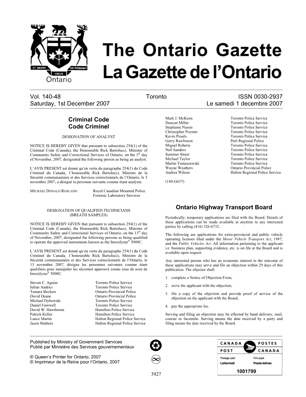 Ontario Gazette Volume 140 Issue 48, La Gazette De L'ontario Volume 140