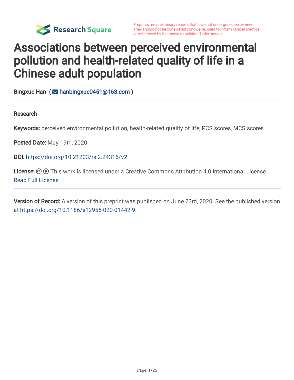 Associations Between Perceived Environmental Pollution and Health-Related Quality of Life in a Chinese Adult Population