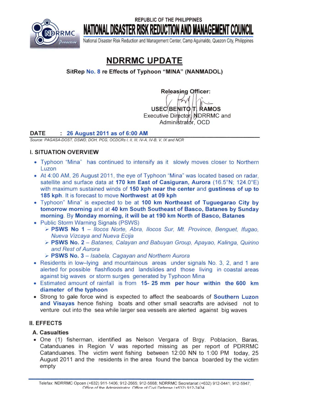 NDRRMC Update Re Sitrep No.08 TY "MINA" 26Aug2011