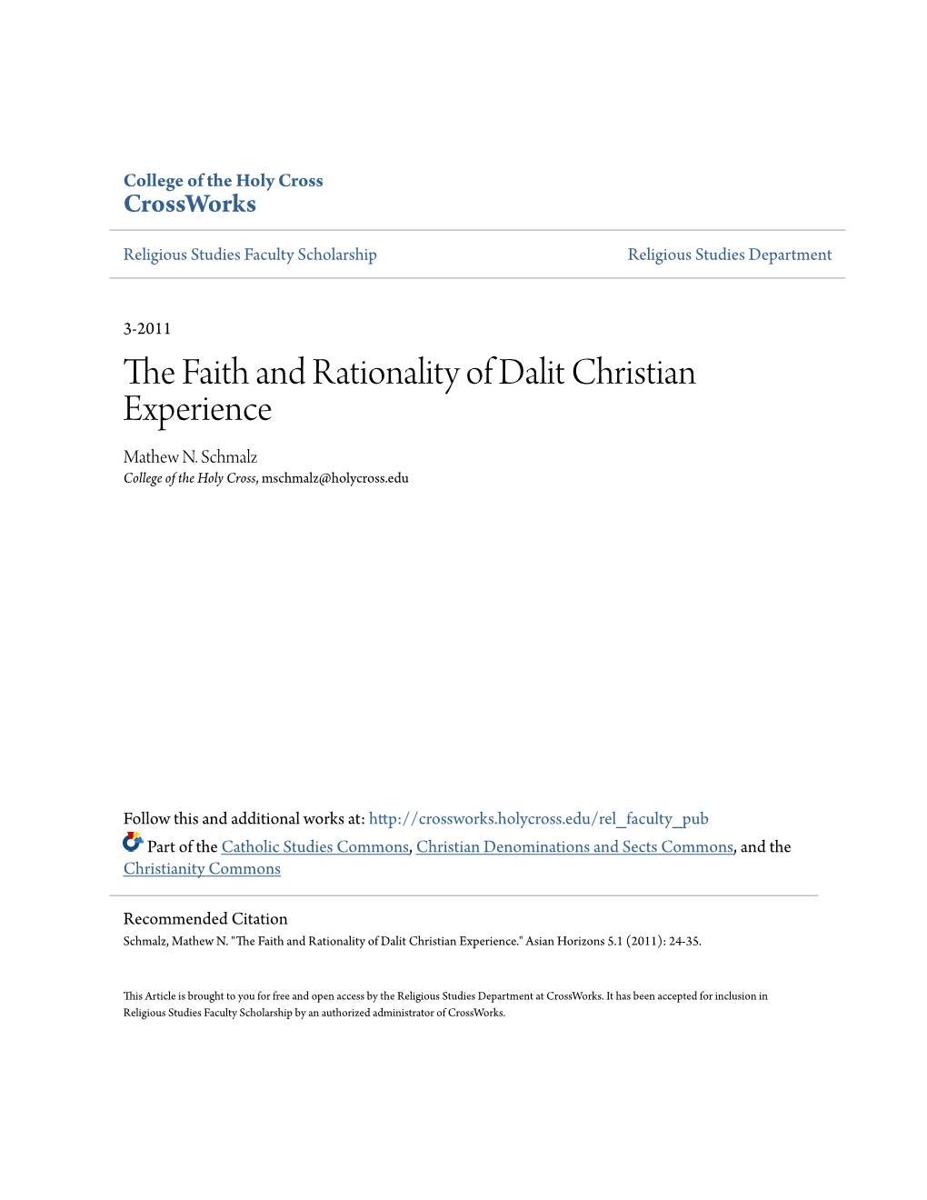 The Faith and Rationality of Dalit Christian Experience