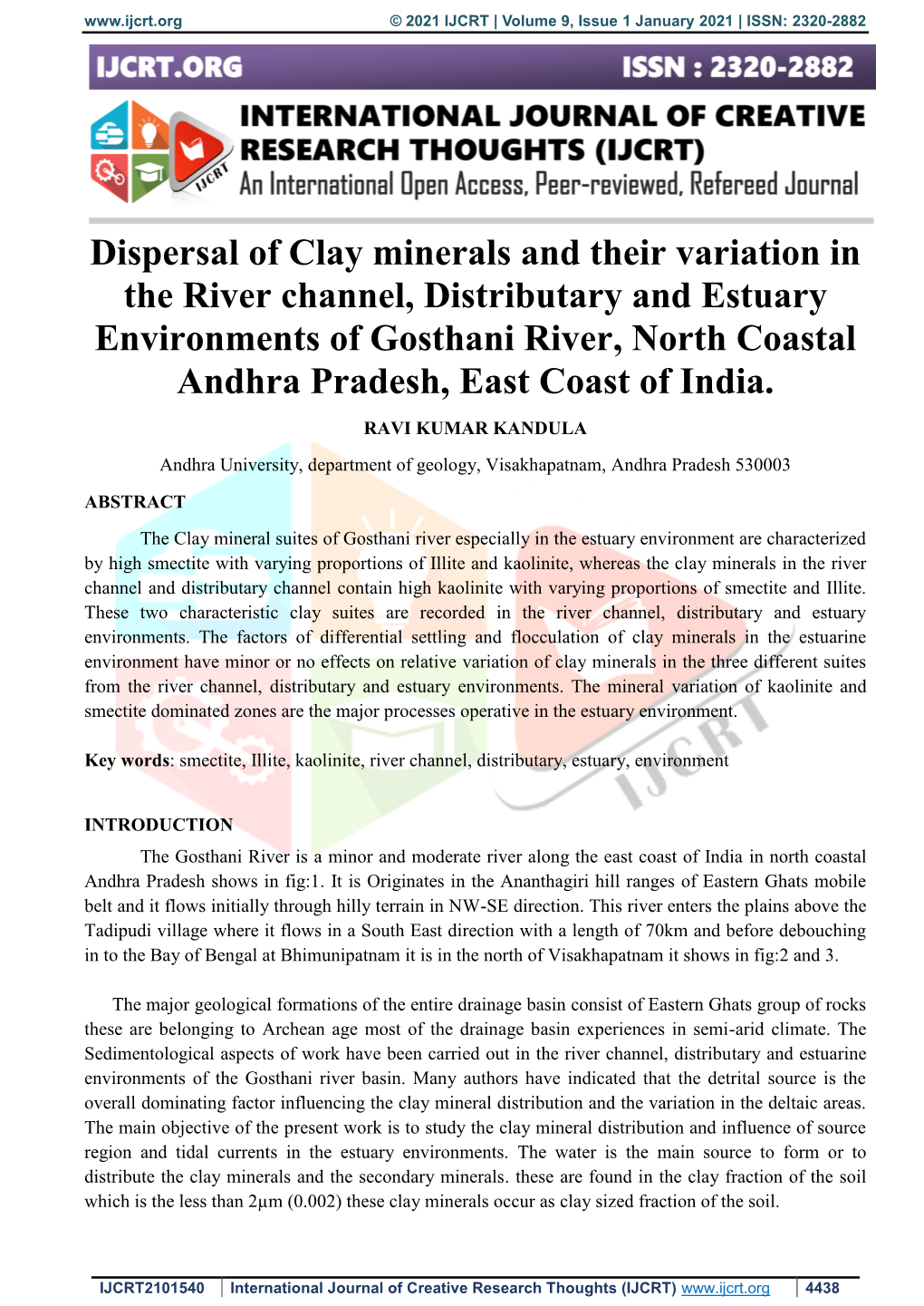 Dispersal of Clay Minerals and Their Variation in the River Channel, Distributary and Estuary Environments of Gosthani River, No