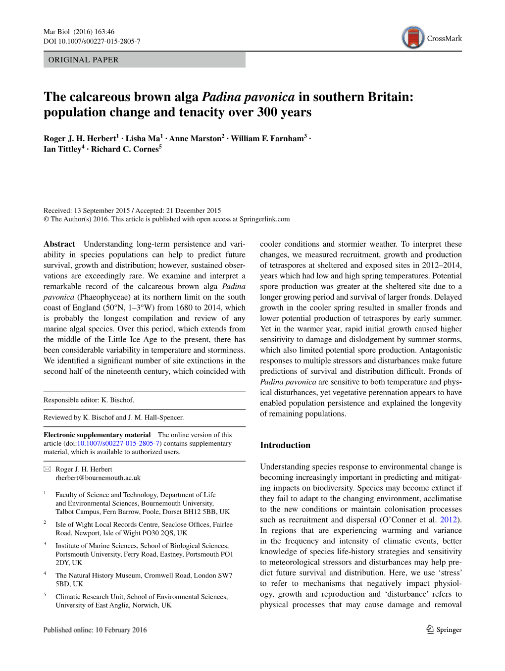 The Calcareous Brown Alga Padina Pavonica in Southern Britain: Population Change and Tenacity Over 300 Years