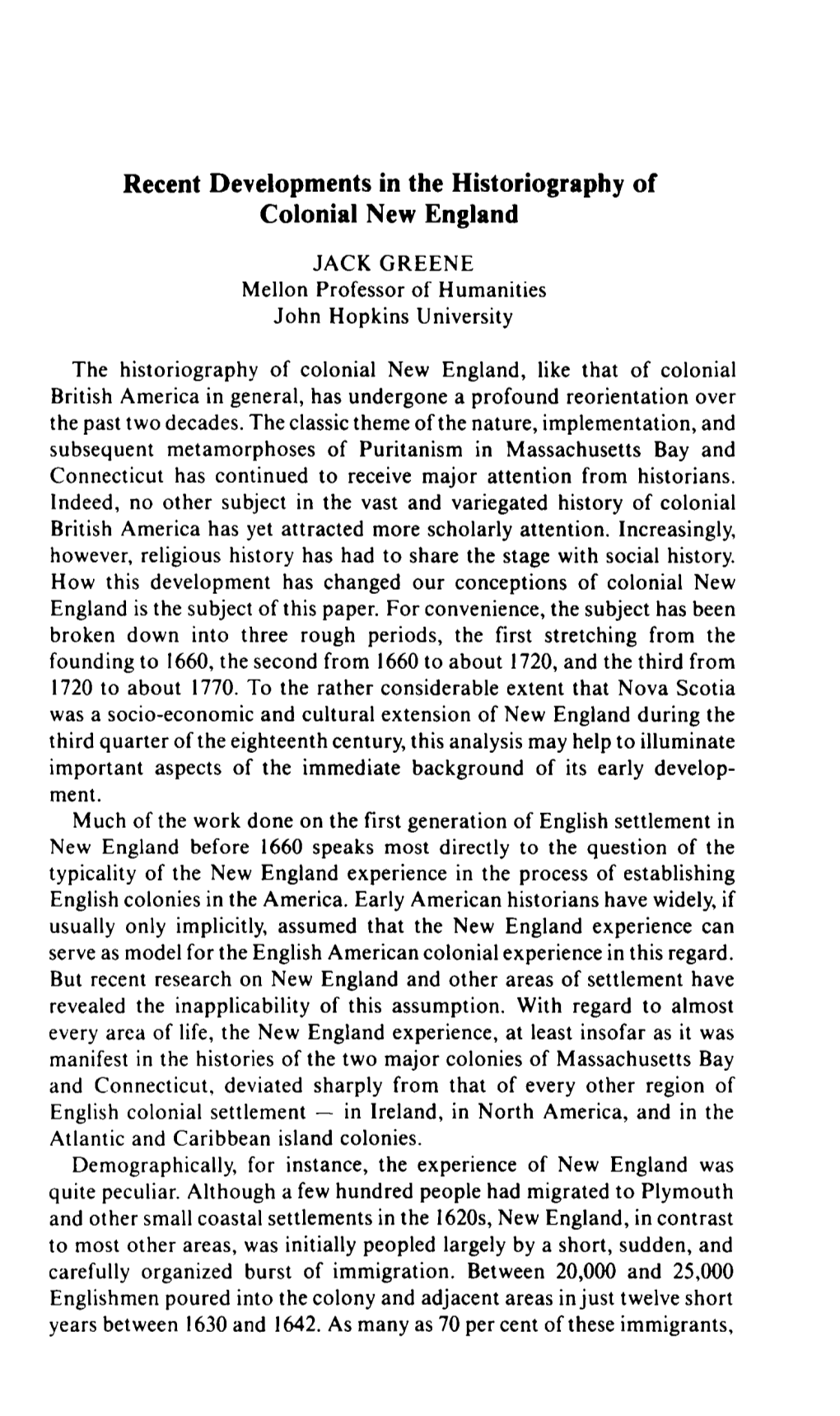 Recent Developments in the Historiography of Colonial New England