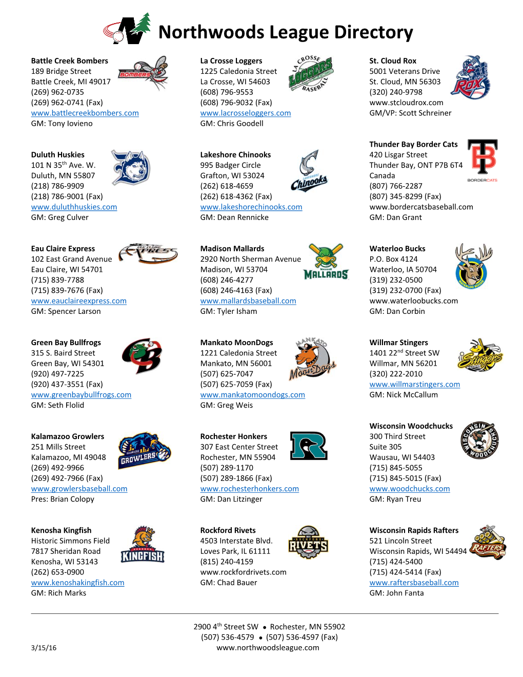 Northwoods League Directory