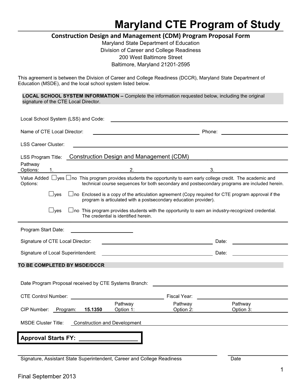 Construction Design and Management (CDM) Program Proposal Form