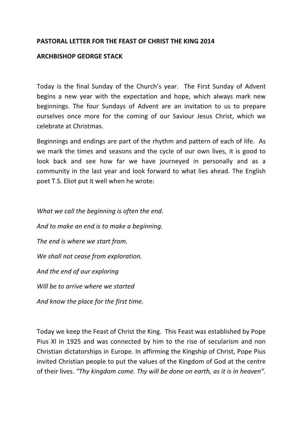 Pastoral Letter for the Feast of Christ the King 2014