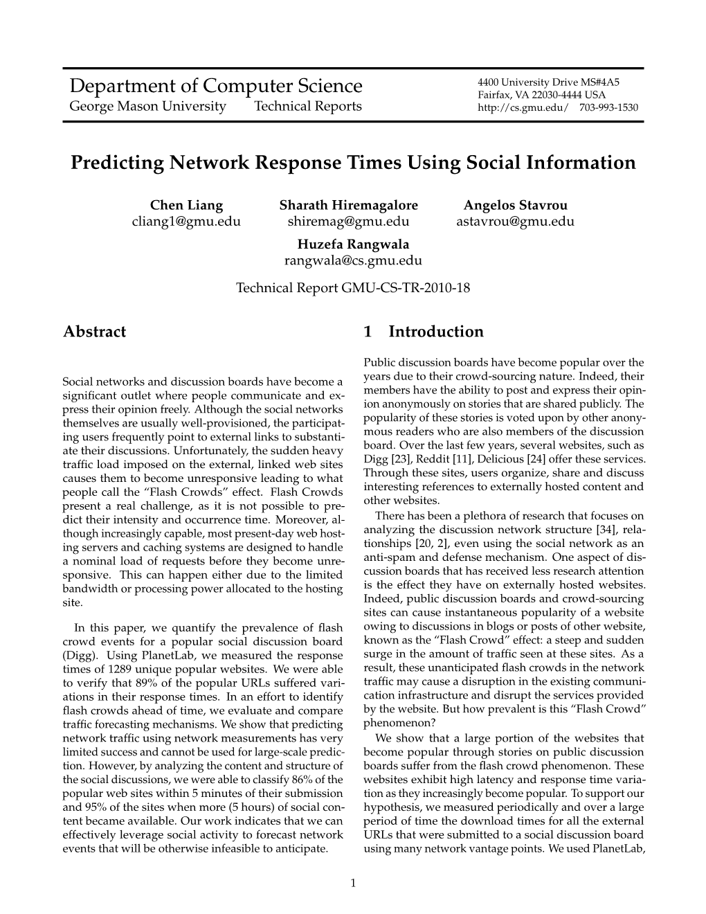 Department of Computer Science Predicting Network Response