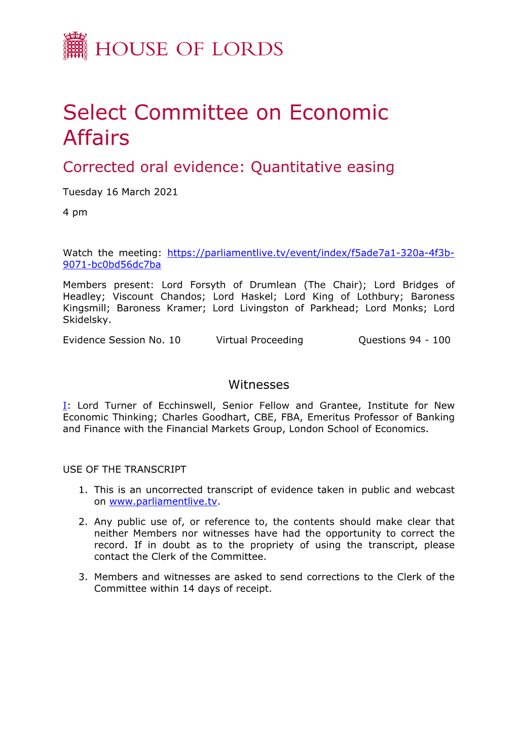 Select Committee on Economic Affairs Corrected Oral Evidence: Quantitative Easing